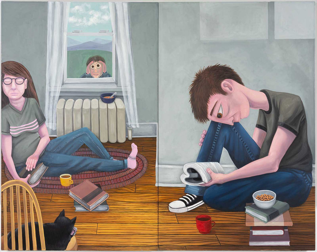 Brian Cirmo A Squatter, A Dreamer, A Reader, A Peeker, and A Cat, 2019, Oil on canvas, 54'' x  68''