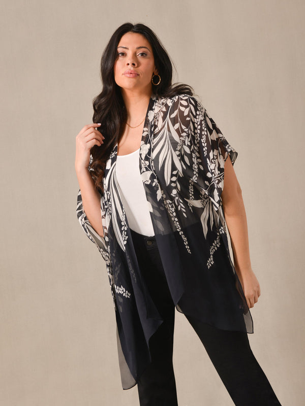 Live Unlimited Placement Print Chiffon Kimono Jacket, Black/Green, £89.00