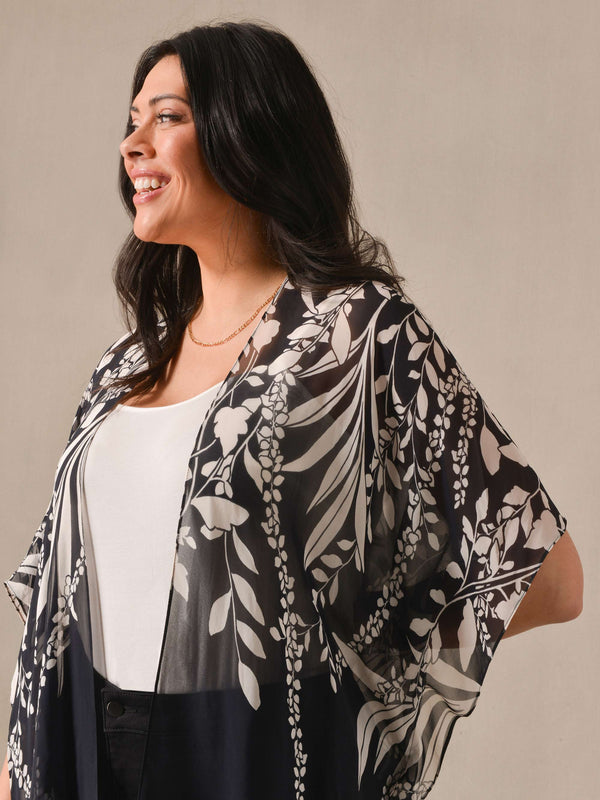 Live Unlimited Placement Print Chiffon Kimono Jacket, Black/Green, £89.00