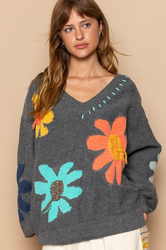 POL Chenille Sweater with Crochet Sleeves in Mauve Grass Multi