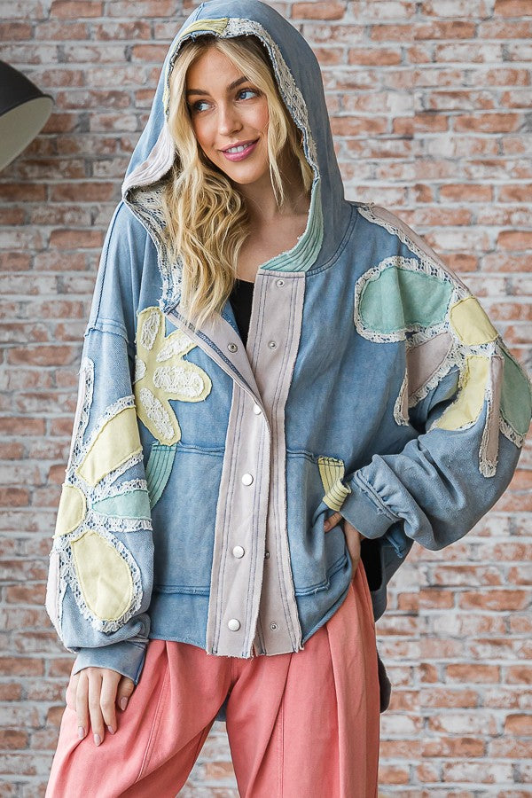 Oli & Hali Washed Daisy Patch Button Up Jacket in Blue