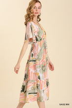 Load image into Gallery viewer, Umgee Abstract Ruffle Sleeve Midi Tiered Dress in Sage Mix
