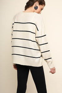 Umgee Lightweight Knit Striped Sweater in Ivory and Black Mix