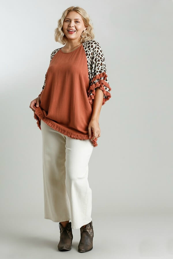 Download Umgee Red Clay Top With Animal Print Layered Sleeves June Adel