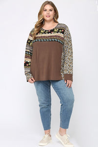GiGio Top with Mixed Print Contrast in Mocha