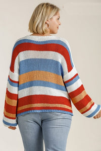 Multicolored Stripe Round Neck Long Sleeve Knit Sweater in Peri Blue/Red