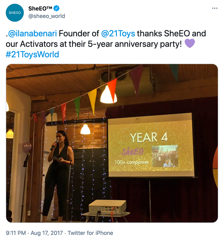 @ilanabenari  Founder of @21Toys  thanks SheEO and our Activators at their 5-year anniversary party!  💜 #21ToysWorld