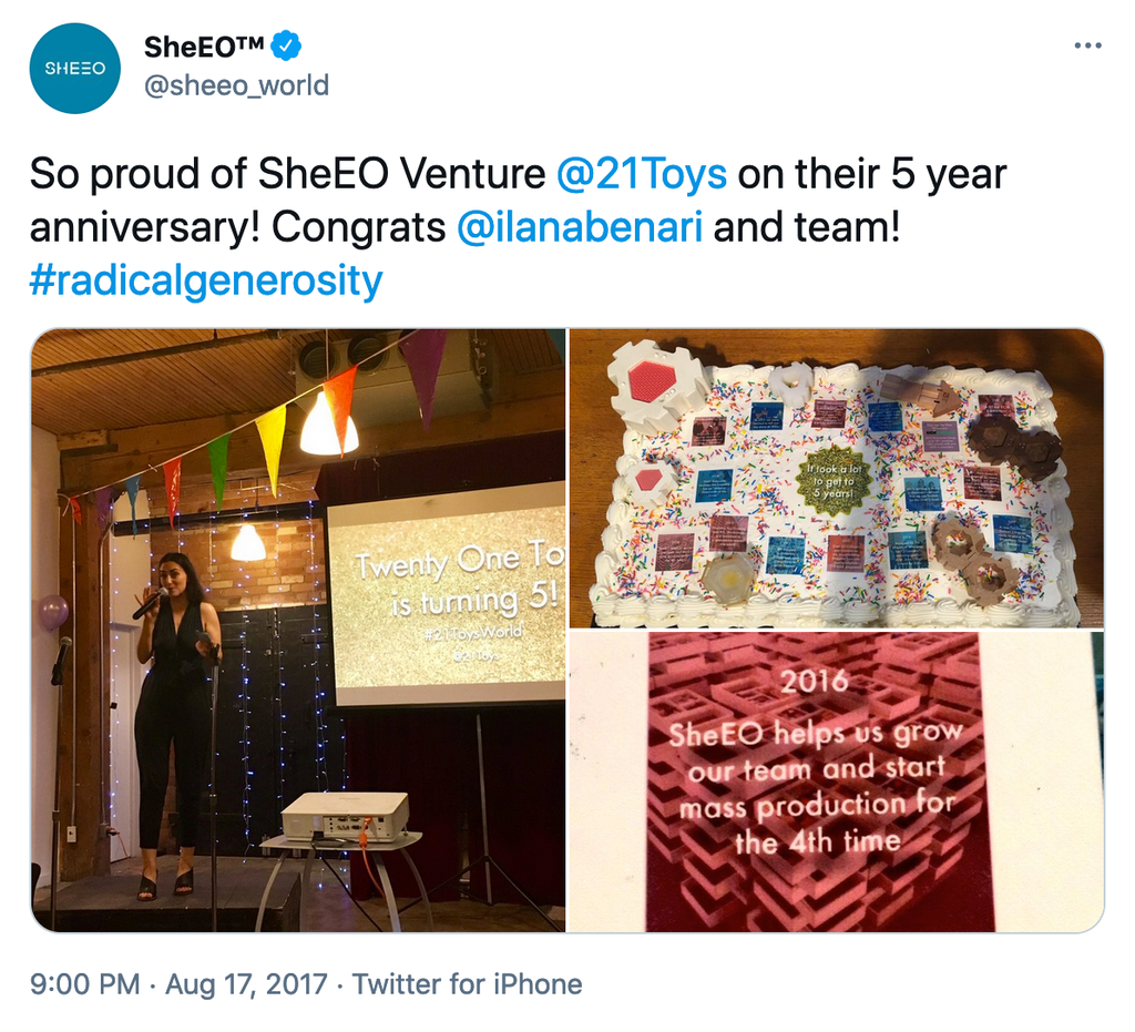 So proud of SheEO Venture @21Toys  on their 5 year anniversary! Congrats @ilanabenari  and team! #radicalgenerosity