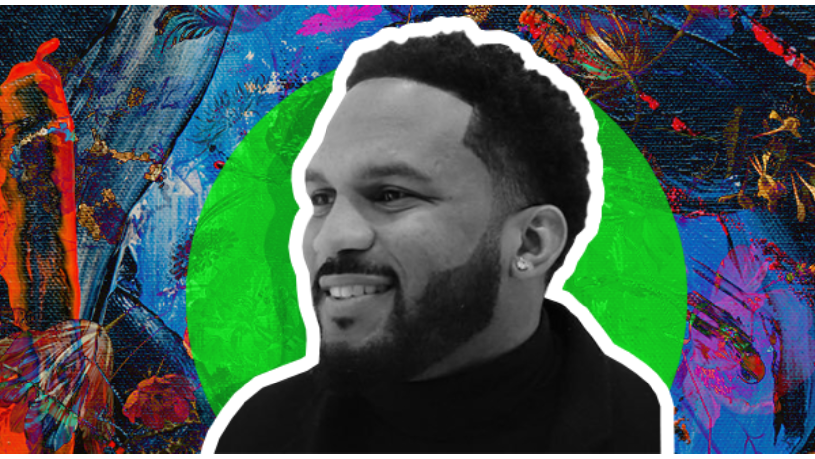 A black and white photo of Kickstarter CEO Everette Taylor is shown over a blue and red oil painting background.