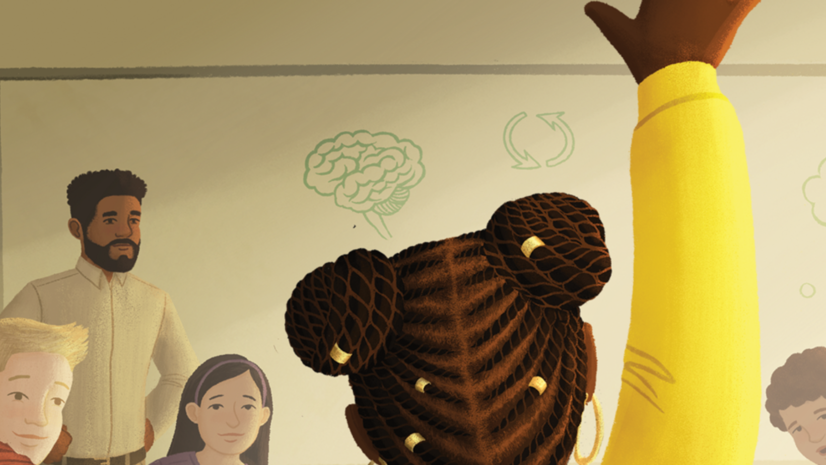 An illustration of a Black student raising their hand in a classroom. A teach and students are looking at them and on the whiteboard in the background there is a drawing of a brain.