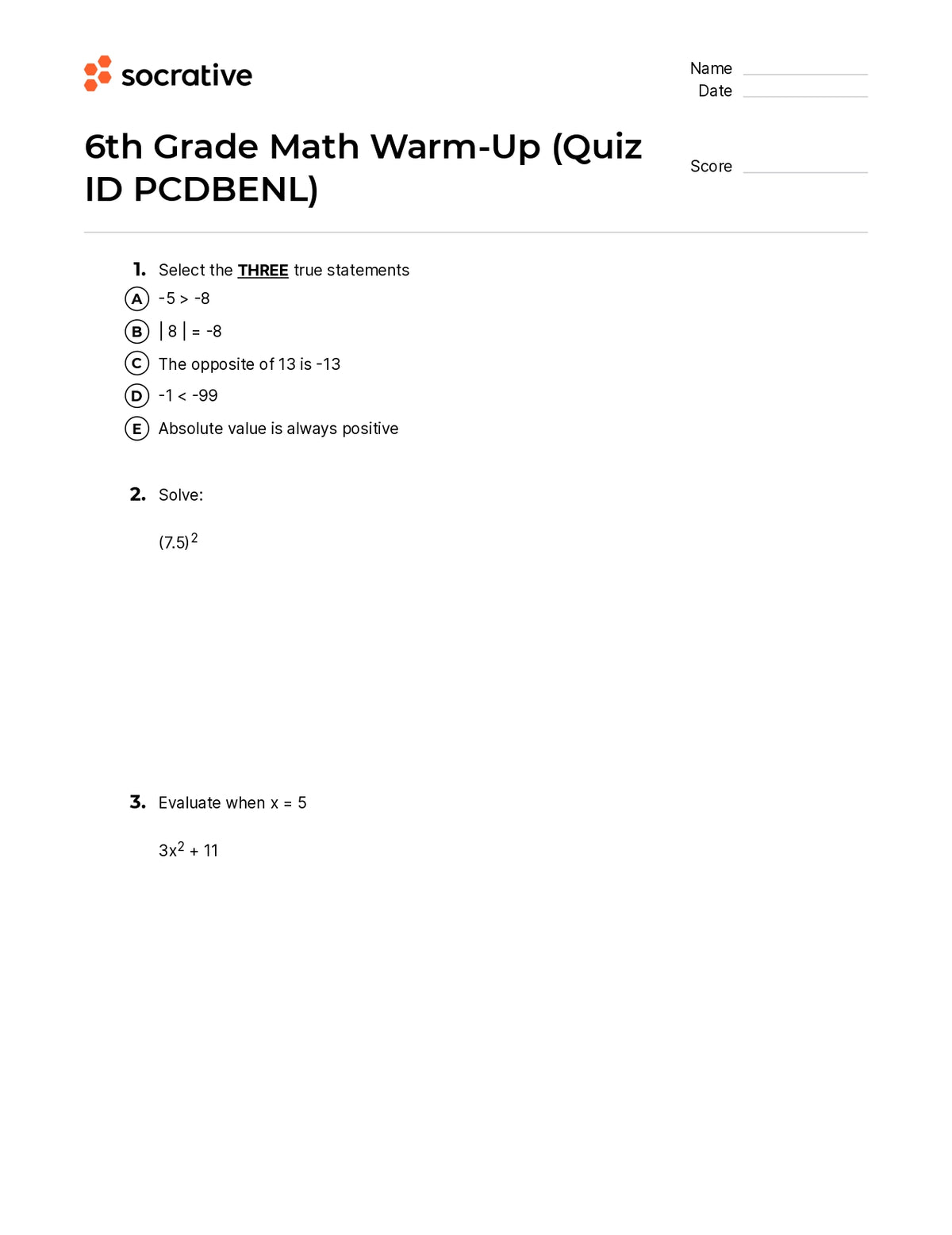 6th Grade Math Warm Up Quiz Shop 6381