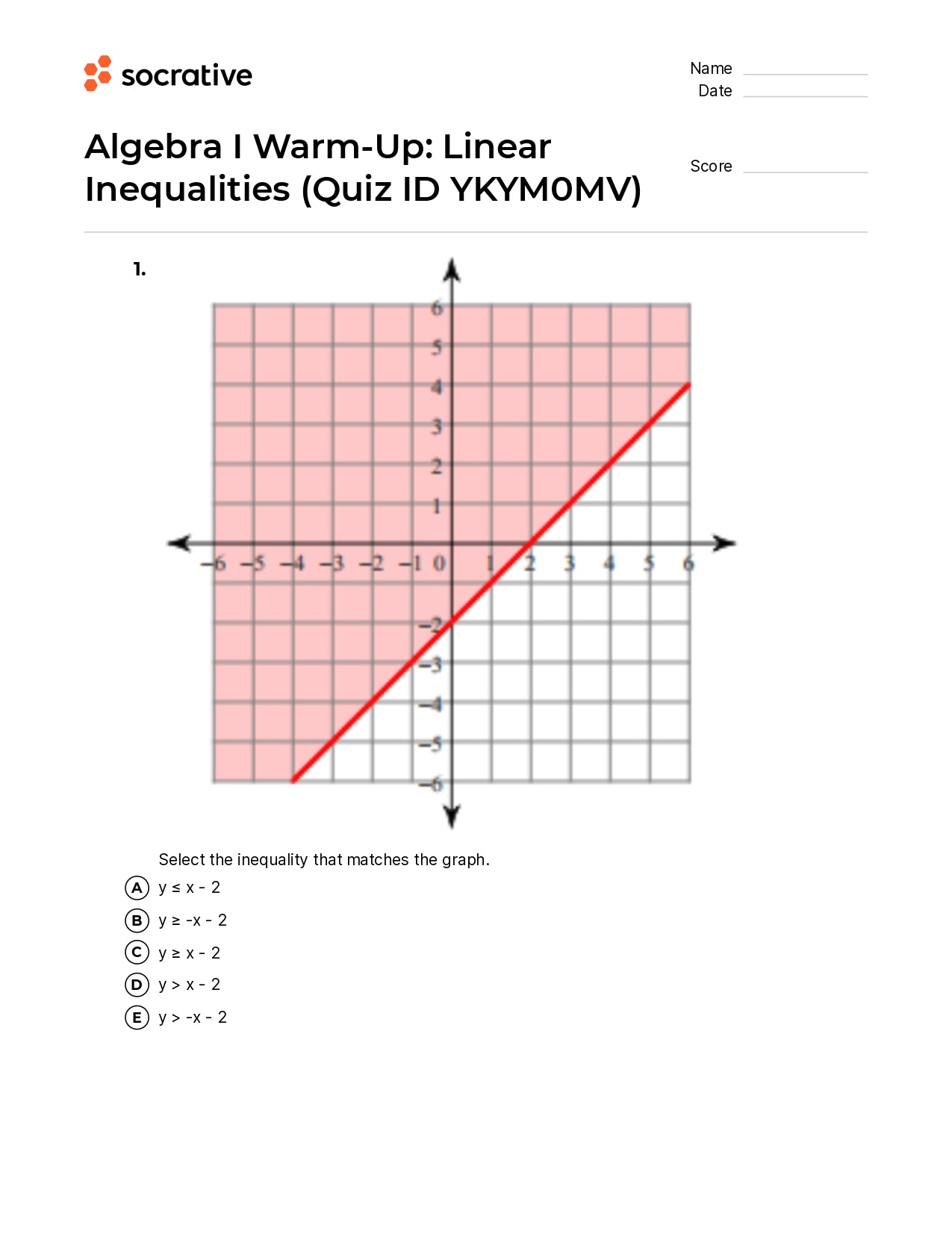 Algebra I Warm Up Linear Inequalities Quiz Shop