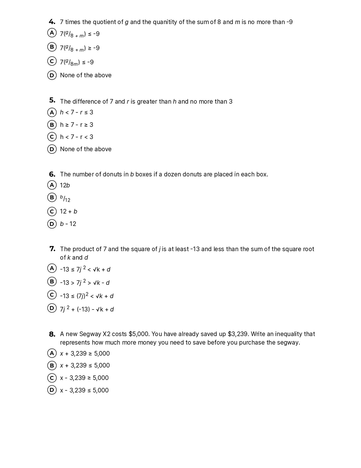 Inequality Expressions Worksheets