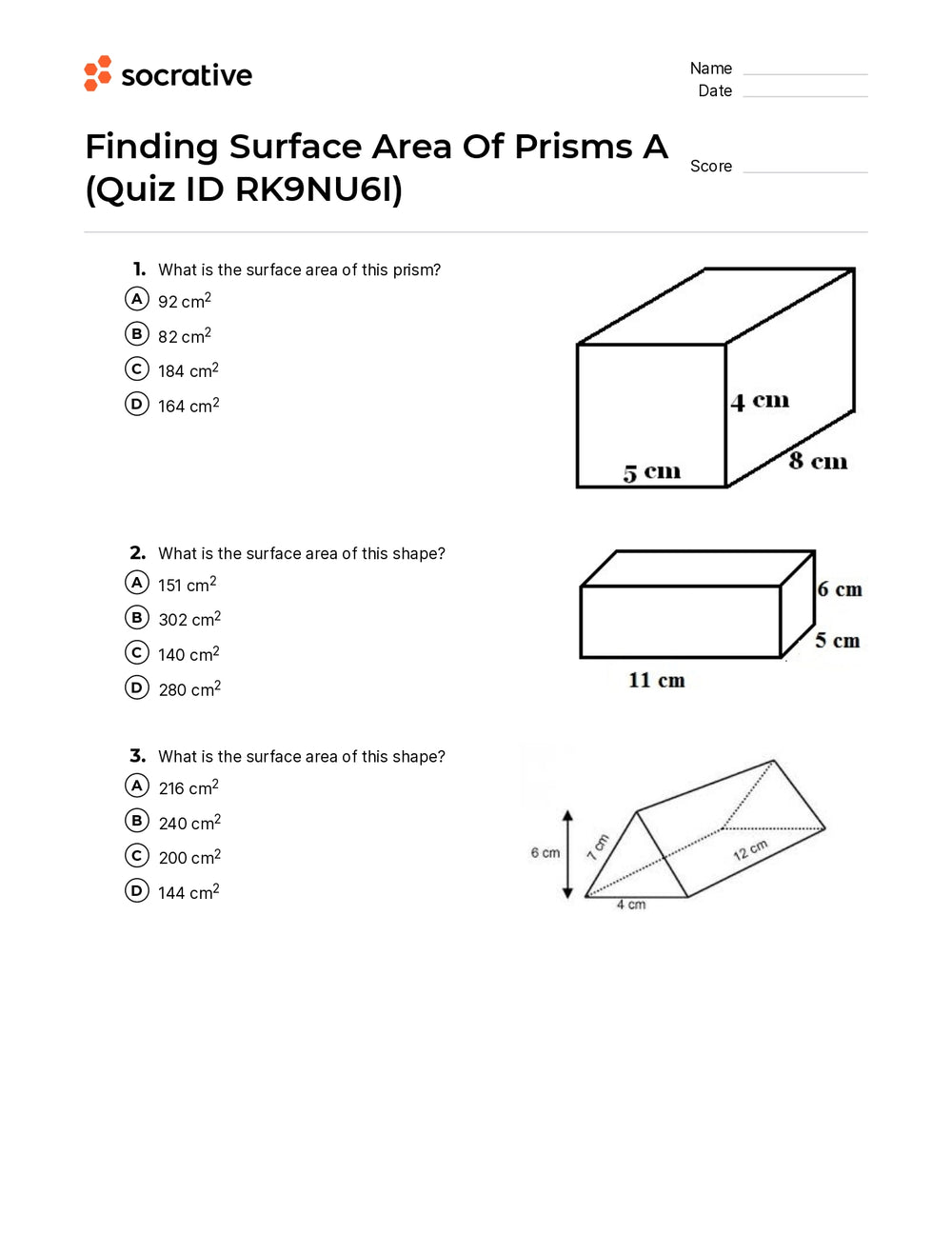 Finding Surface Area Of Prisms A – Quiz Shop