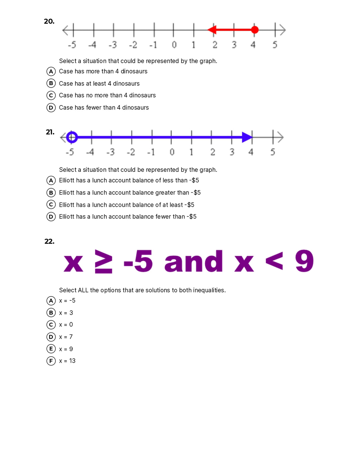 inequalities quiz worksheet