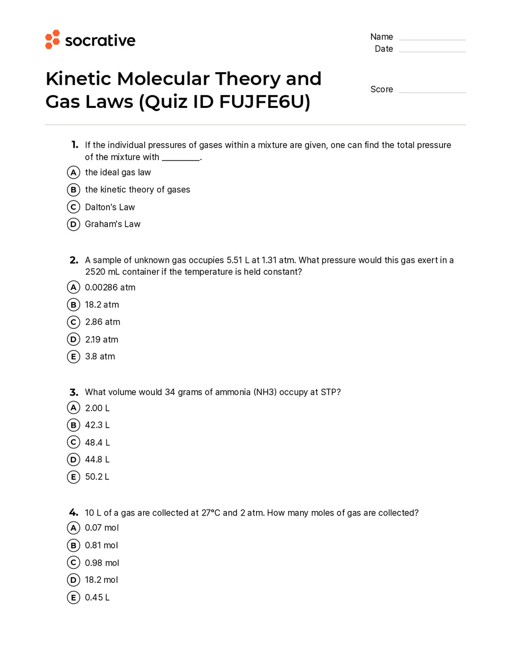 Kinetic Molecular Theory And Gas Laws – Quiz Shop Inside Kinetic Molecular Theory Worksheet