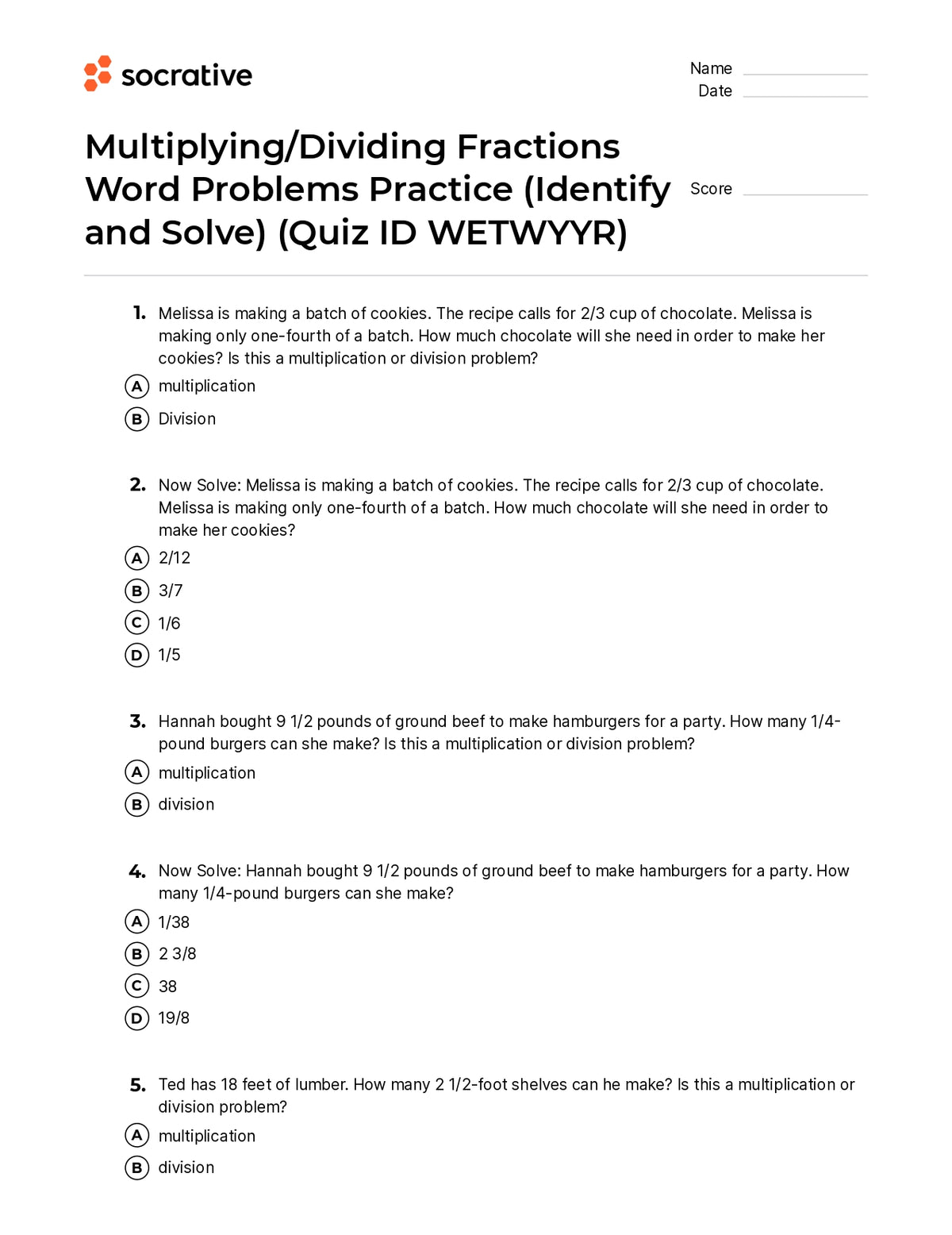 Multiplyingdividing Fractions Word Problems Practice Identify And So Quiz Shop 2102