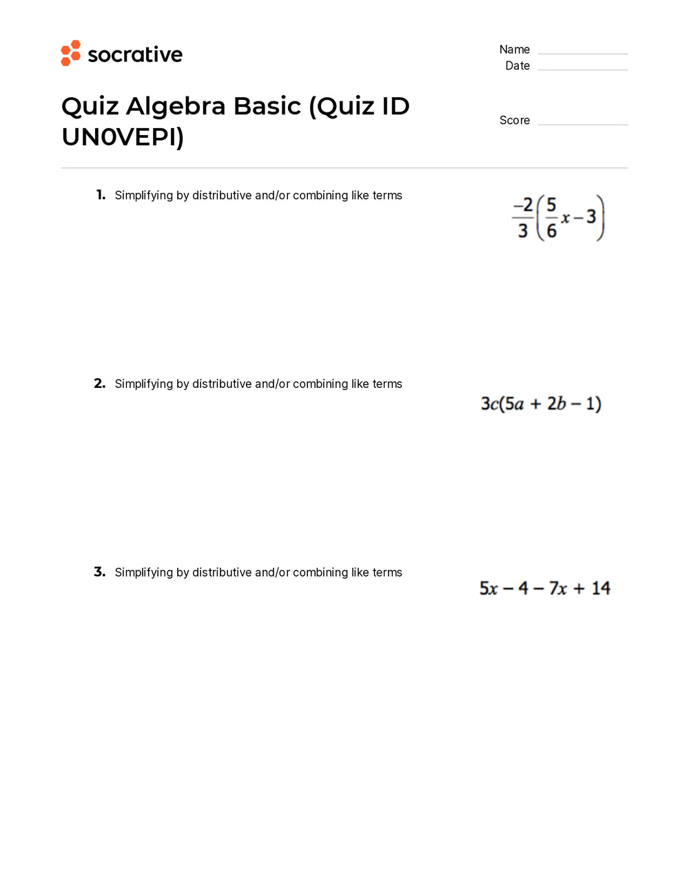 basic algebra quiz