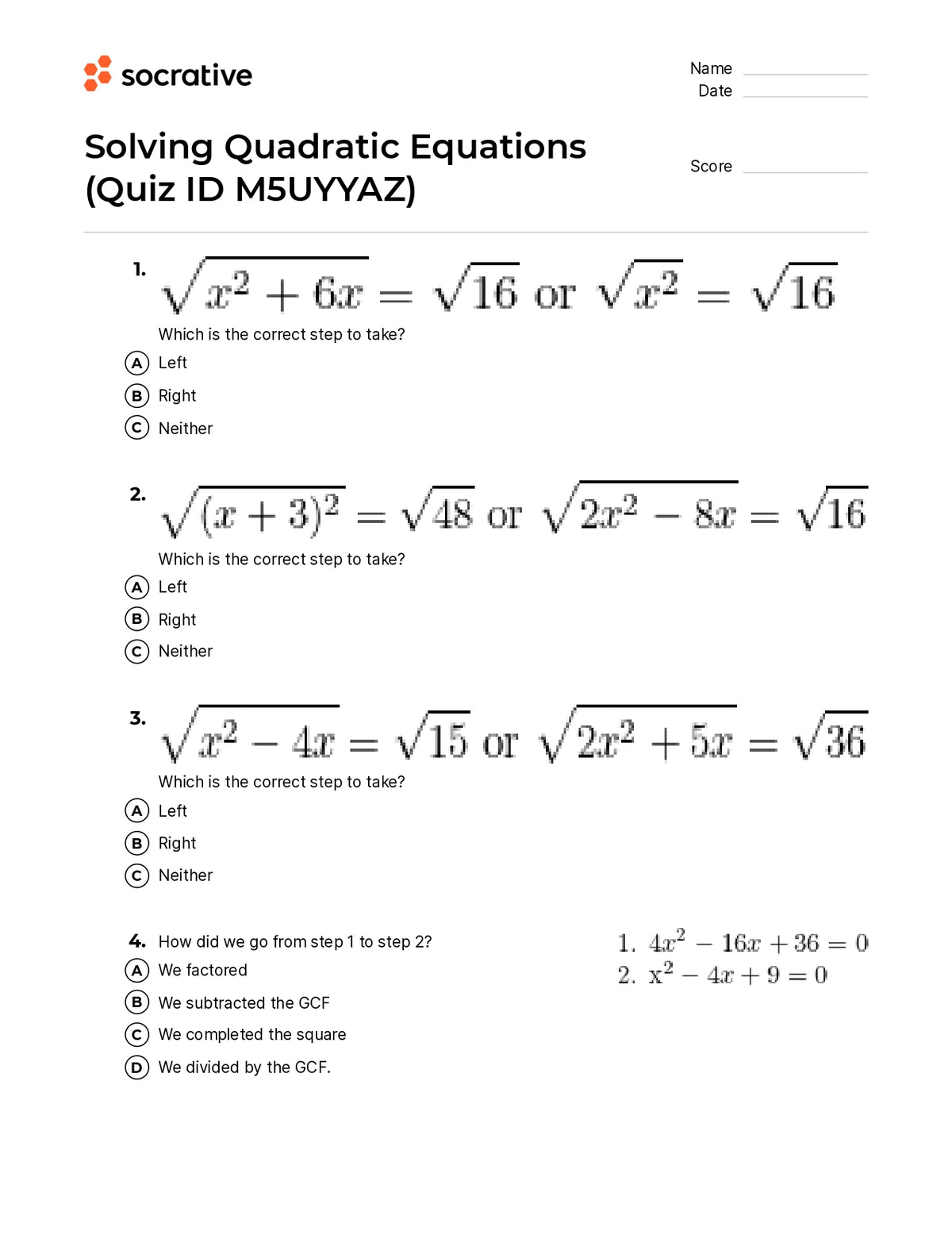 solving quadratic equations quiz