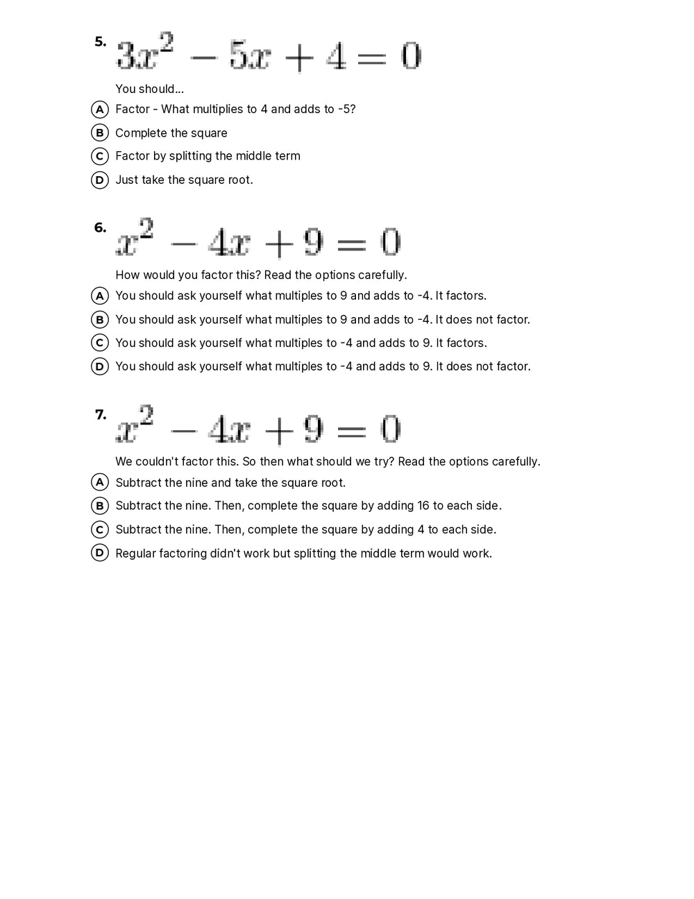 solving quadratic equations quiz