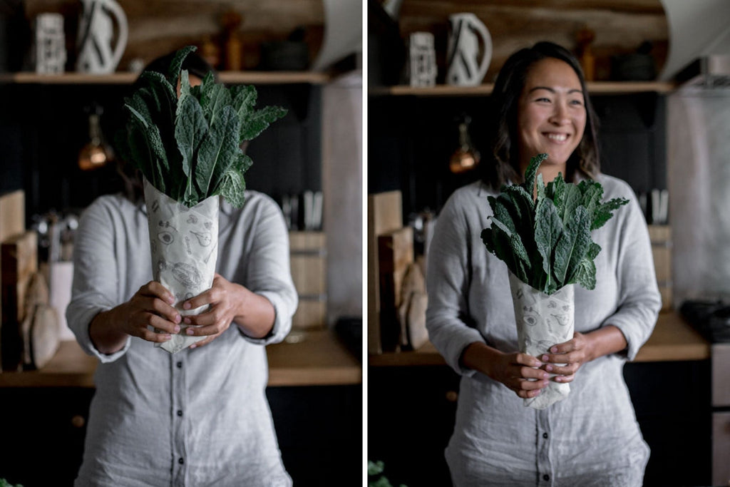 Two images side by side of a woman holding a bouquet of kale wrapped in Abeego beeswax food wrap