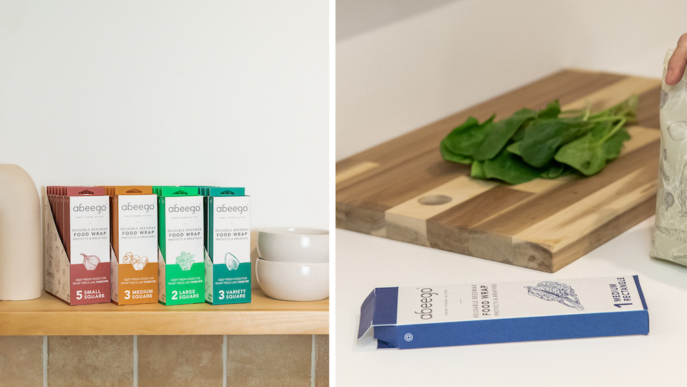 Left image: lineup of new Abeego packs packaging on a shelf. Right image: medium rectangle Abeego box lies on the counter next to spinach on a cutting board.