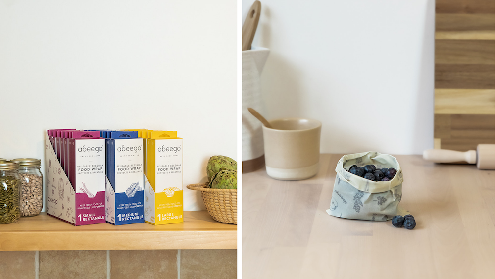 Left image: Lineup of Abeego rectangle boxes on a shelf. Right image: Small Abeego rectangle bag holding blueberries