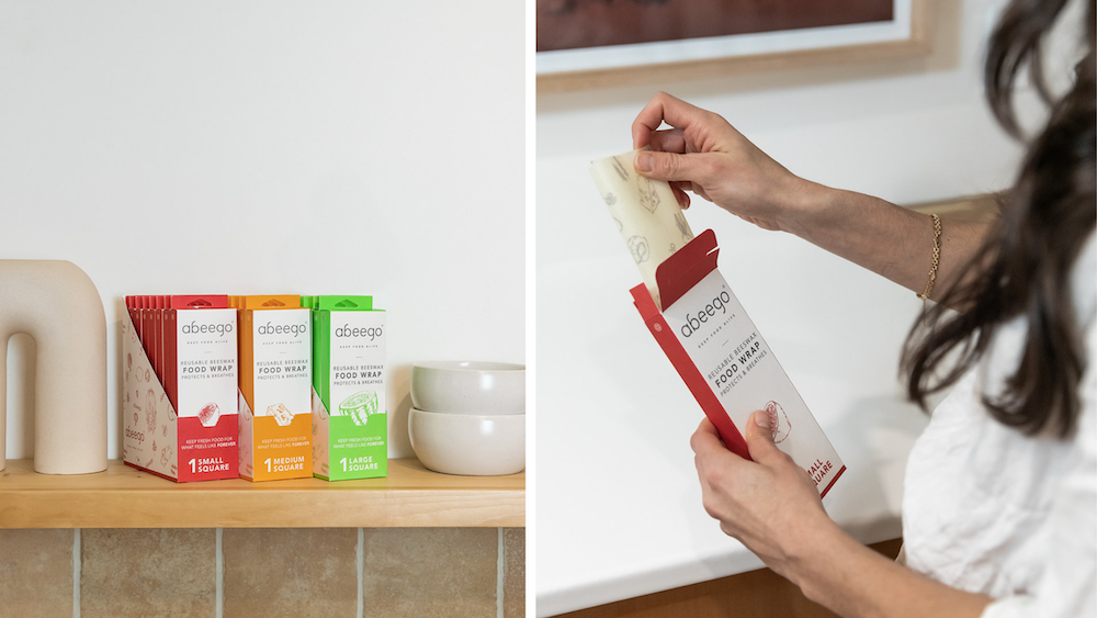 Left image: lineup of singles Abeego packaging on a shelf. Right image: woman's hand pulling a small square Abeego out of the box