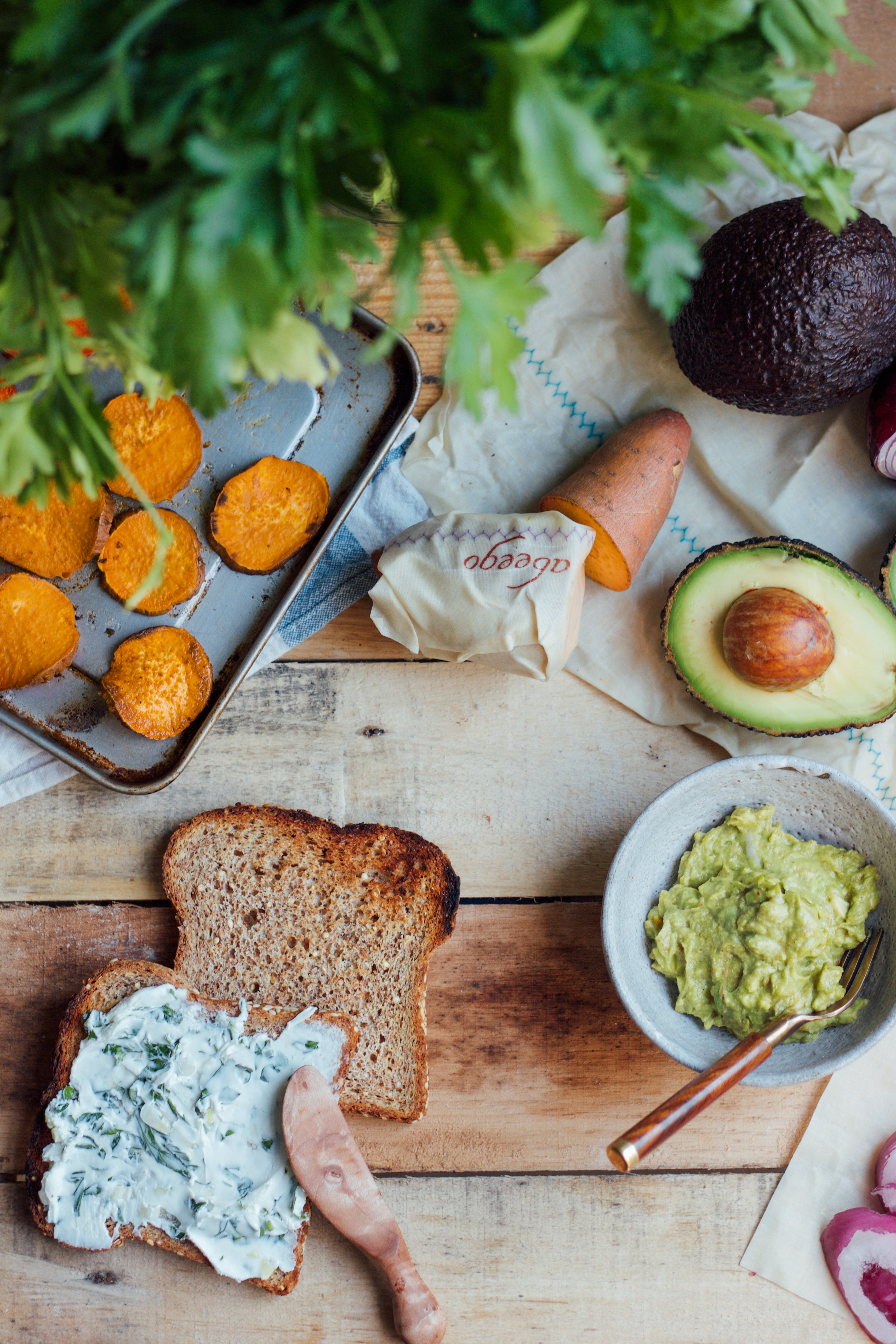 roasted yam and curried guacamole sandwich wrapped in abeego