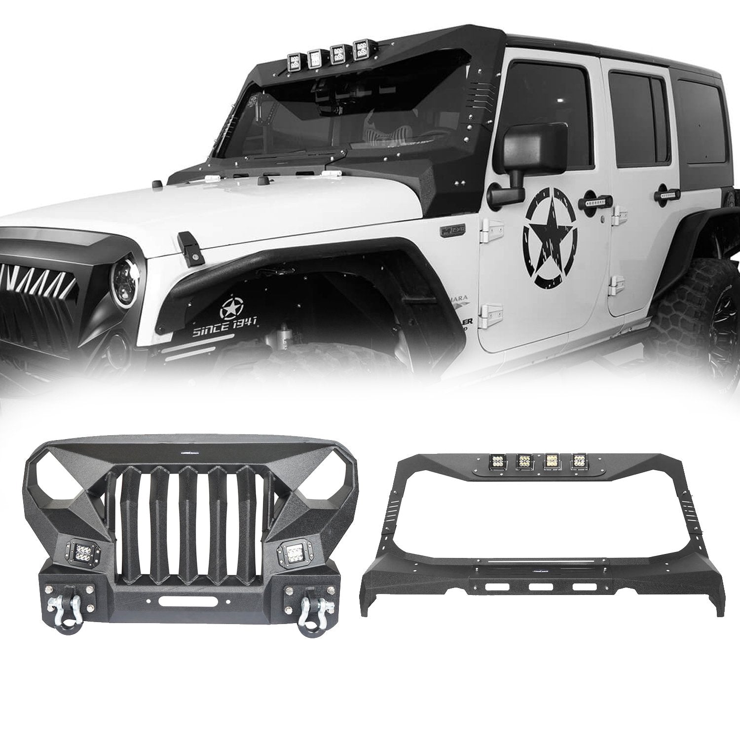 Front Bumper w/Grille Guard & Windshield Frame Cover for 2007-2018 Jeep  Wrangler JK – Bunker 4x4