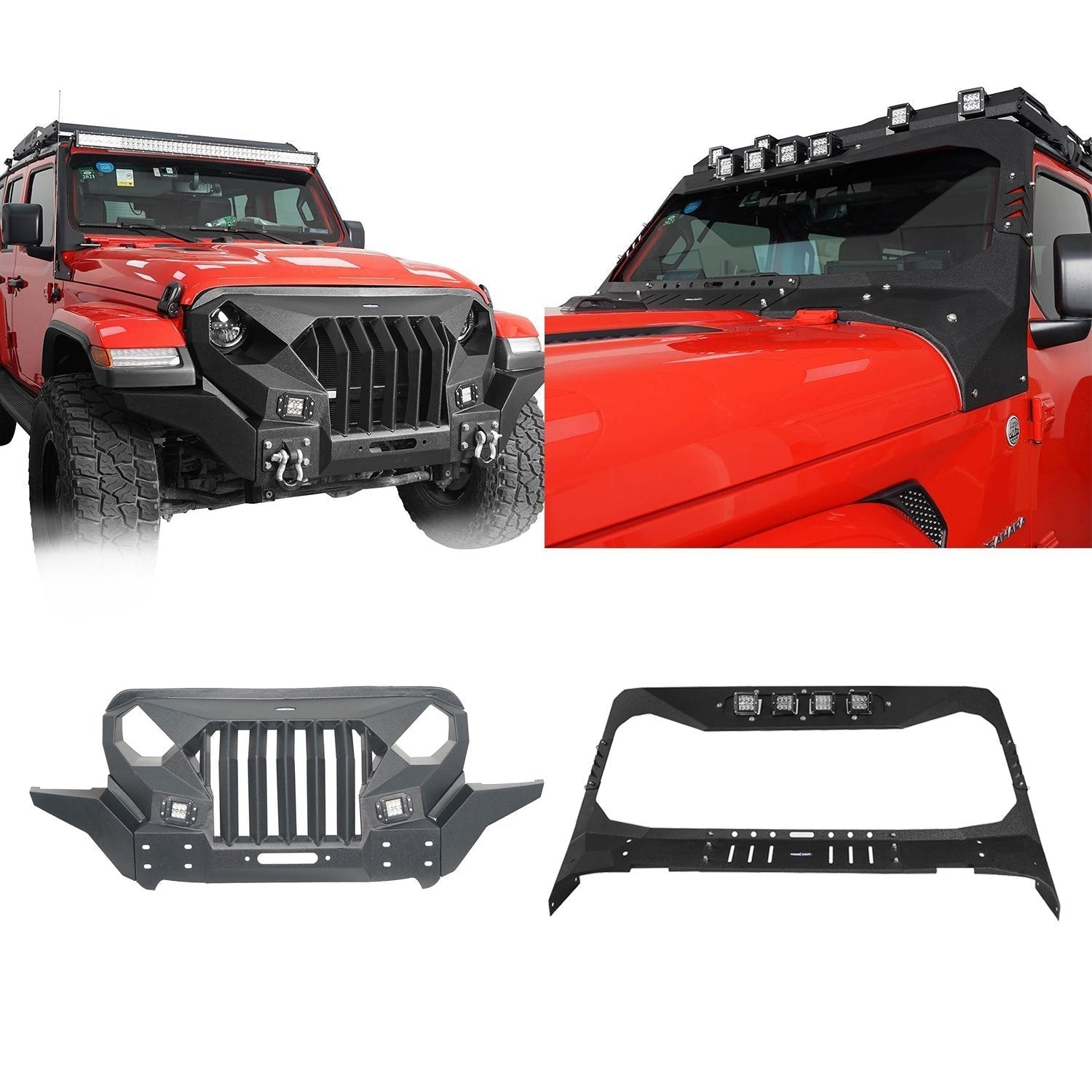 Mad Max Front Bumper w/Wings & Windshield Frame Cover for Jeep Wrangler JL  & Jeep Gladiator JT - Bunker 4x4