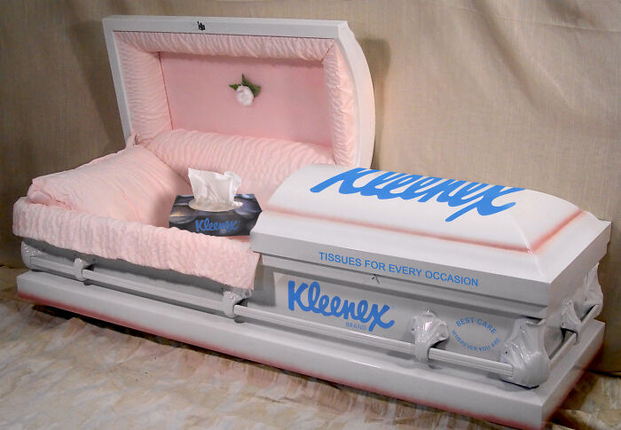 Kleenex logo on a coffin