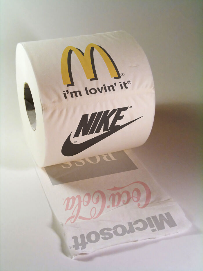 A variety of logos on a roll of toilet paper