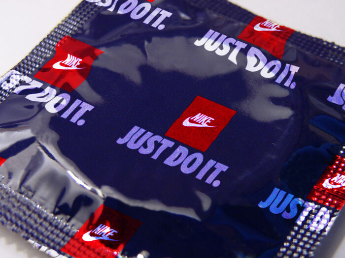 Nike Just Do It logo on a condom packet