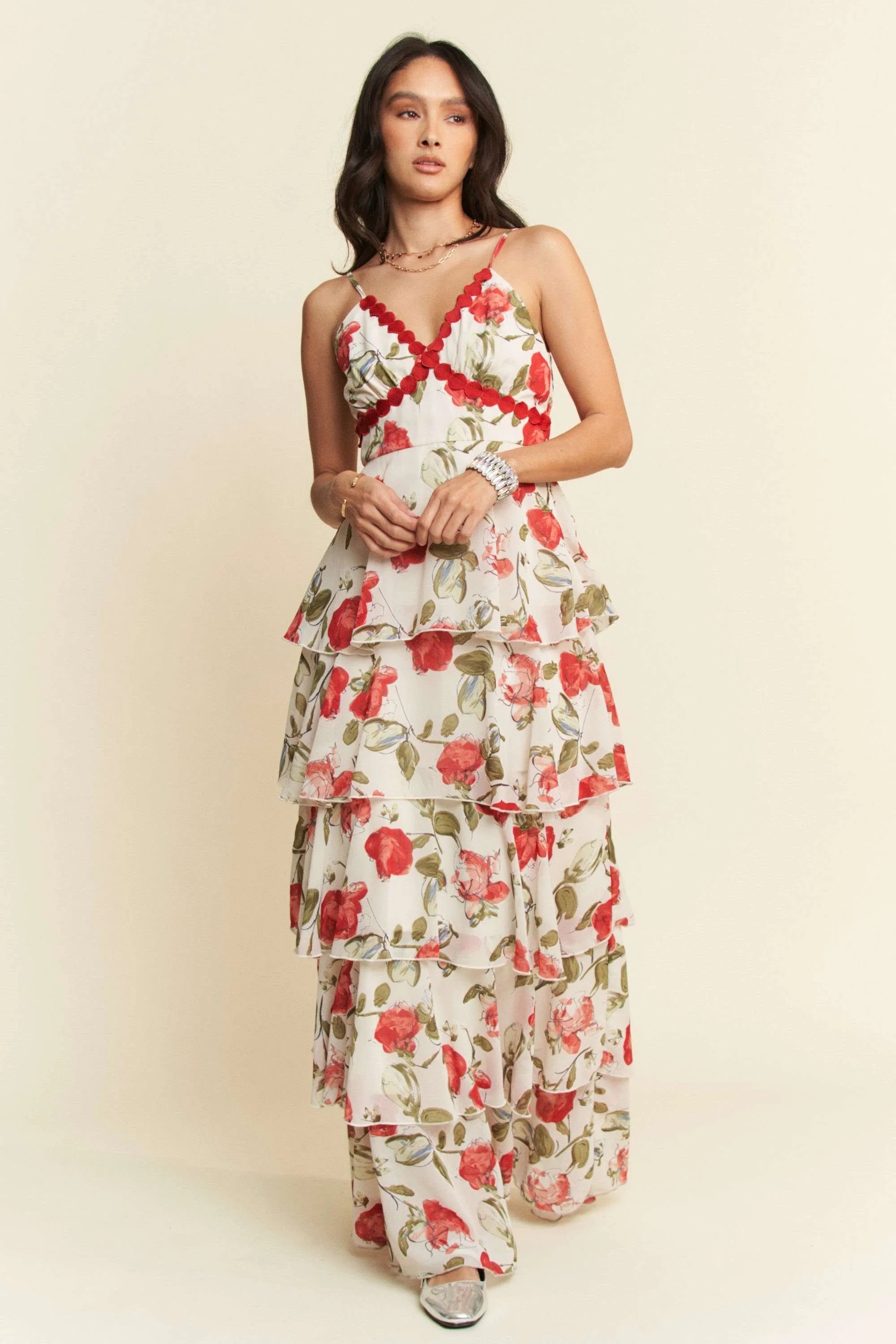 Women's Red Roses Lace Layered Ruffle Maxi Cami Dress