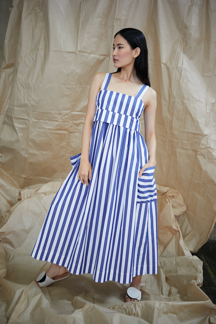 Pocket Dress in Blue and White Vertical Stripes – WHIT