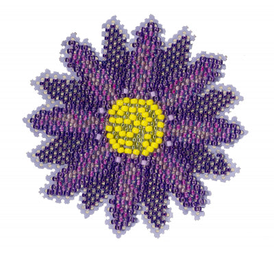 Mill Hill counted cross stitch ornament kit. Design features a purple flower with a yellow center.