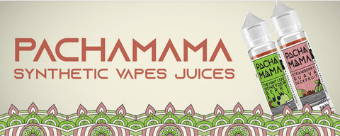 Two bottles of Pachamama synthetic nicotine vape juices. 