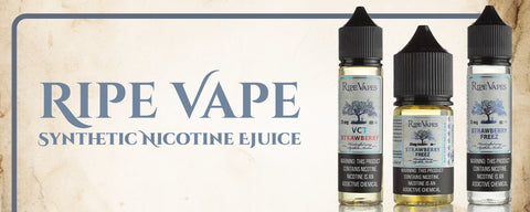 Three bottles of Ripe Vape Juice synthetic nicotine available on eLiquid.com.