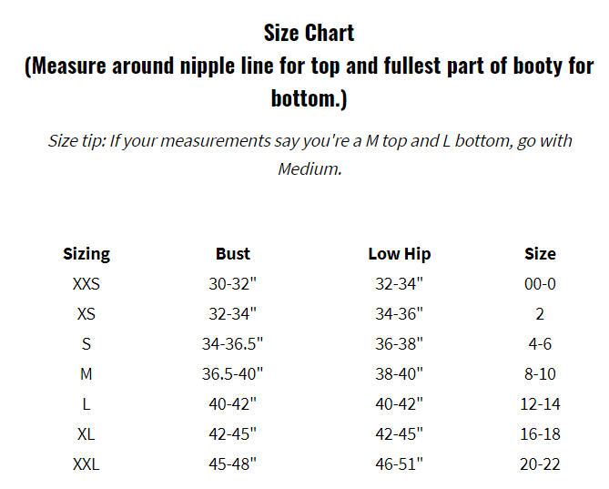 CLEO MONOKINI SIZE CHART