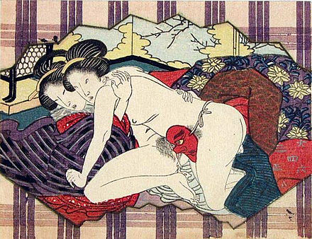 Shunga of two women using tengu mask as Strap-on dildo