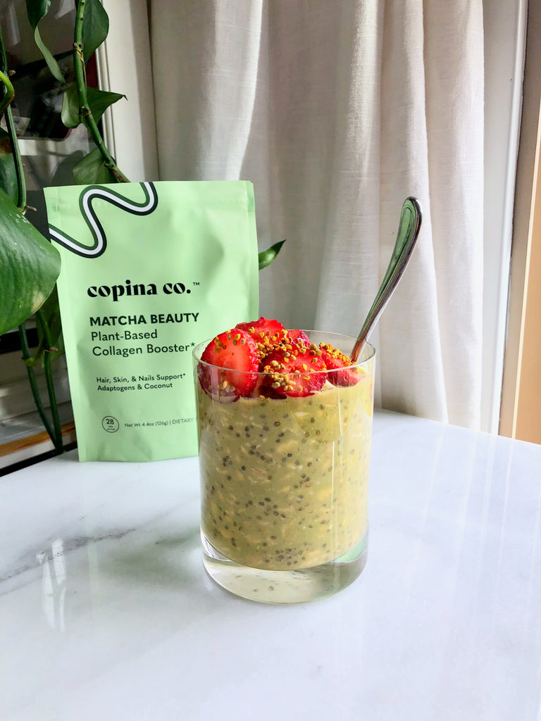 overnight oats using matcha plant-based collagen boost powder 