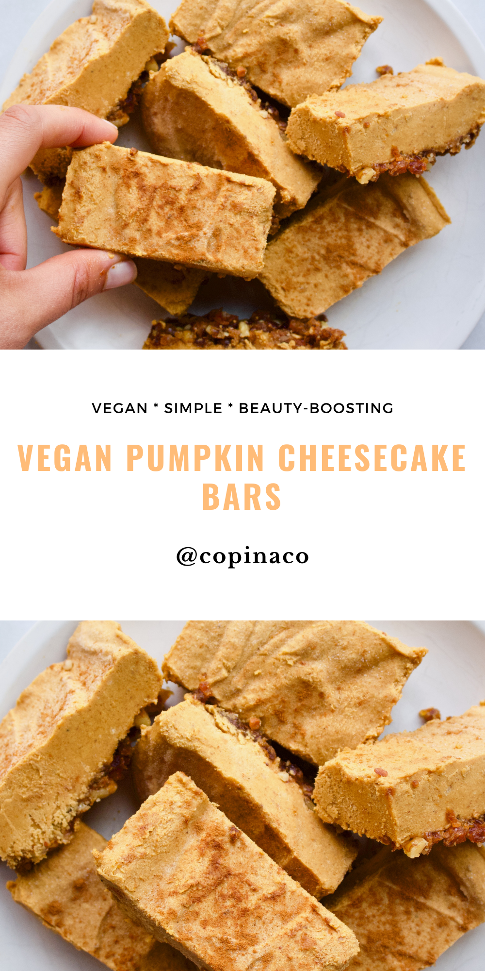 Vegan Pumpkin Spice Cheesecake Bars | CopinaCo