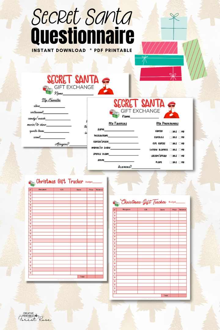 Printable Secret Santa Questionnaire for Gift Exchange Forest Rose