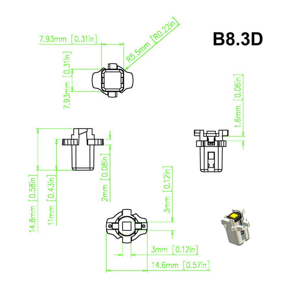 B8.3D LED Dashboard Instrument Gauge Lights Bulb Dimension