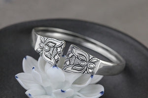 Chinese Style  Minimalistic | Silver Adjustable Solid Flower Design Bangle - Acecare Jewellery Store
