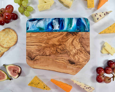 Olive Wood Board with Blue Green Resin Art 20cm - 5th Anniversary Gift