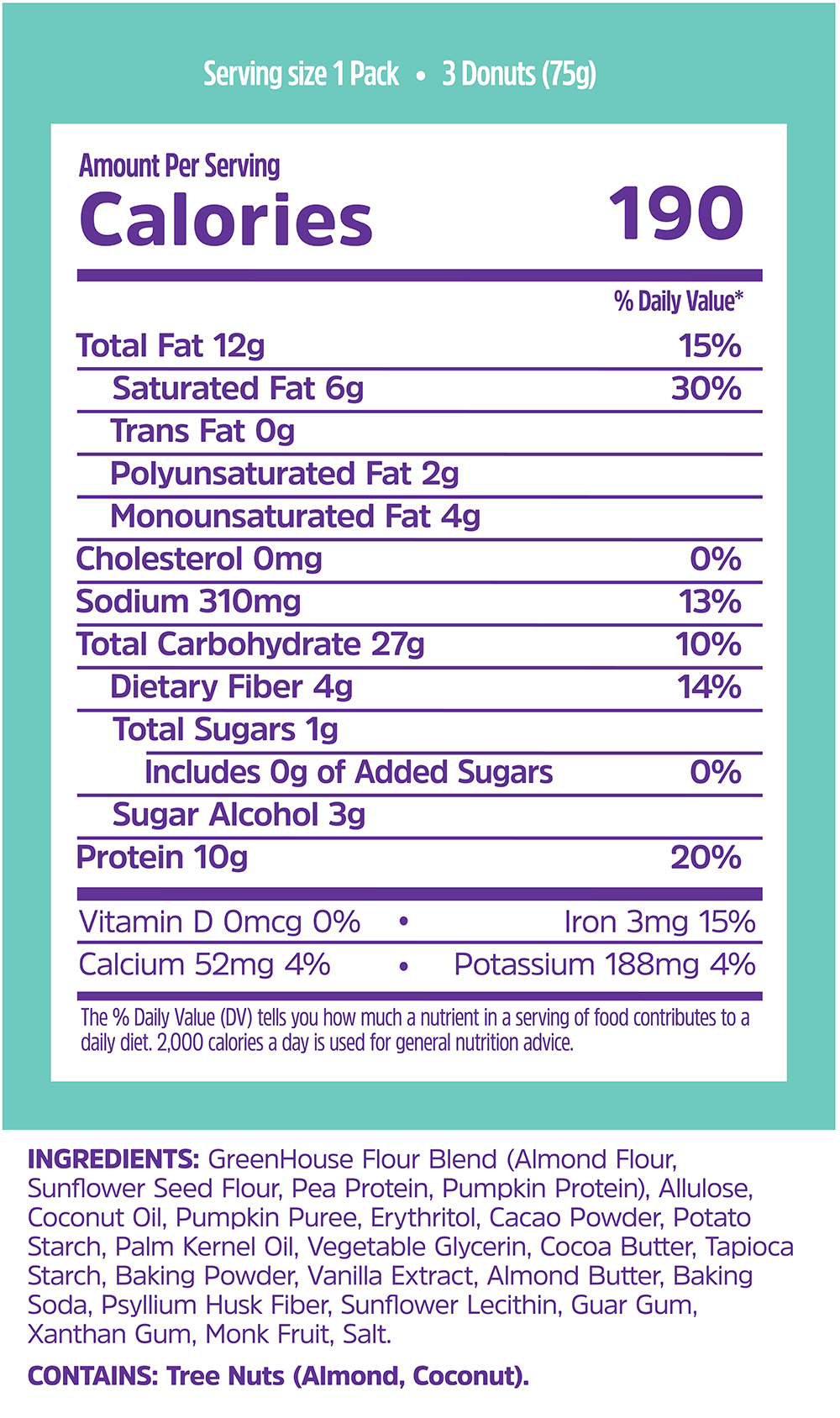 Nutrition facts for GreenHouse Foods plant-based chocolate donut