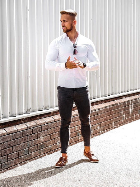 fitted white tapered shirt with light black jeans by Tapered Menswear