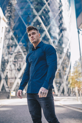 best fitted Navy Dress Shirt by Tapered menswear with ripped jeans